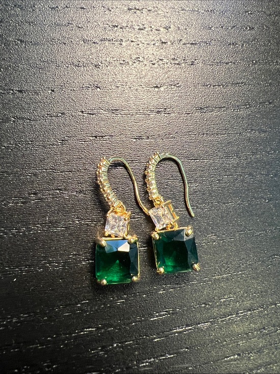 Jewelry - Gold Drop Earrings with Green Square Gemstones and Clear Accents